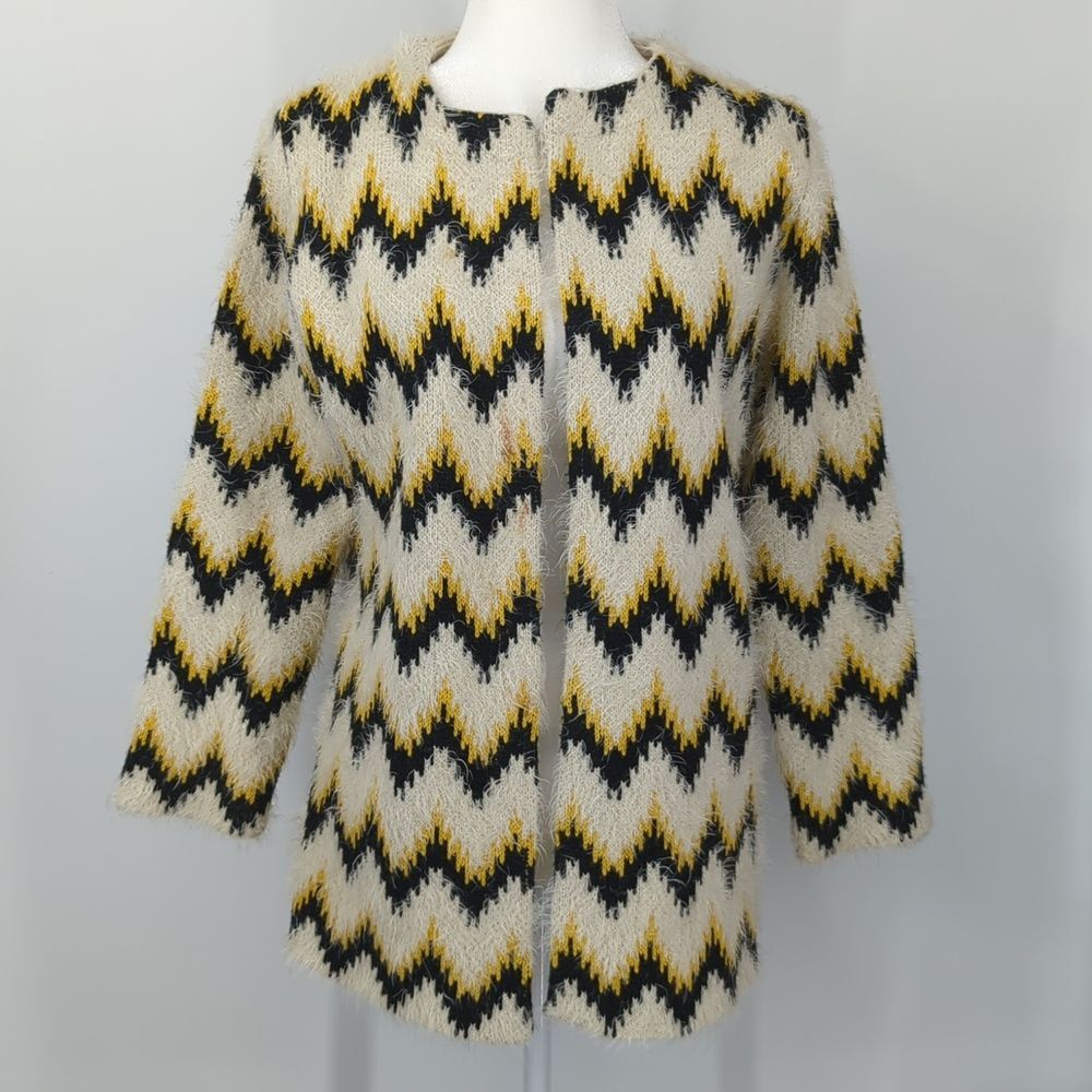 Pink Martini Cream Yellow and Black Open Front Feathery Wool Sweater Small